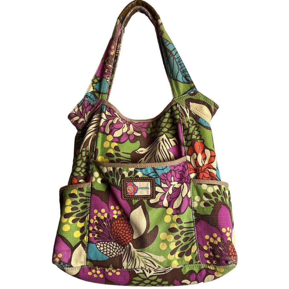 VTG Fossil Floral Canvas Shoulder Bag Multicolor Multiple Pockets Pocket Book‎